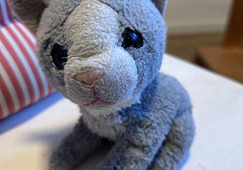 Graues Plüschtier in Form einer Katze auf einem Tisch.