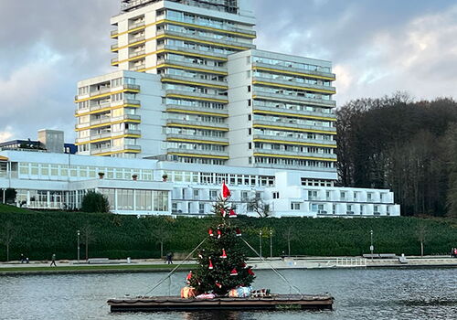 Weihnachtsbaum auf dem Segeberger See vor Gebäude