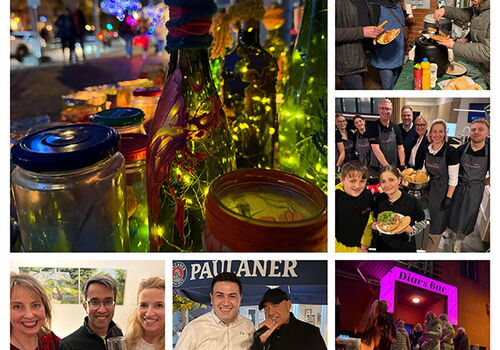 Collage von Flaschen, Menschen bei Events, beleuchtete Straße.