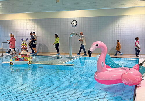 Schwimmhalle mit Flamingo und Zebra Schwimmtieren.