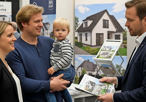 Familie schaut Hausmodelle auf einer Immobilienmesse an.
