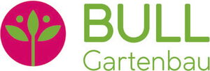 Logo Bull Gartenbau mit stilisierter Pflanze auf rosa Hintergrund
