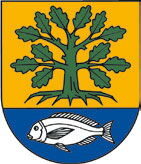 Das Wappen vom Amt Leezen, Baum und Fisch dargestellt. Wappen des Amtes Leezen zeigt Baum und Fisch.