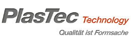 Logo PlasTec Technology mit rotem Akzent auf grauem Schriftzug PlasTec Technology Logo in Grautönen mit rotem Akzent