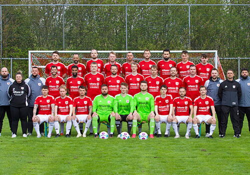 Fußballmannschaft posiert auf einem Spielfeld.