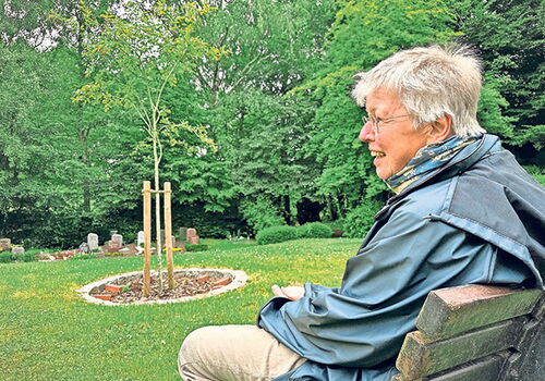 Person sitzt auf einer Bank vor einem Baum auf einem Friedhof.
