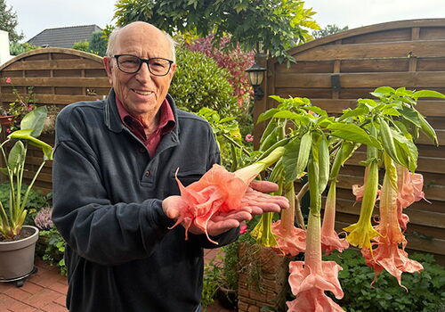 Mann hält große Blüten im Garten lächelnd in den Händen.