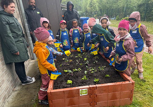 Kinder pflanzen Gemüse in Hochbeet im Freien.