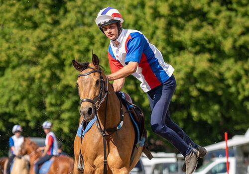 Pferdesportler springt akrobatisch auf ein Pferd.