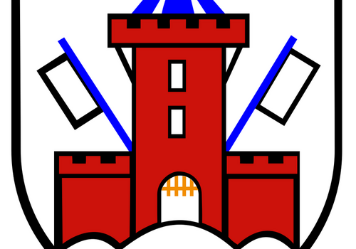 Wappen mit roter Burg und blauen Akzenten