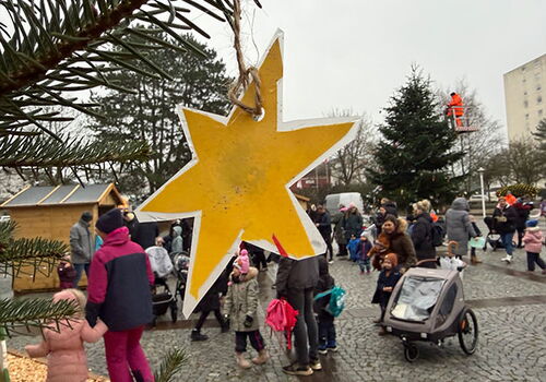 Weihnachtsbaum in Trappenkamp mit gelbem Stern und Menschen
