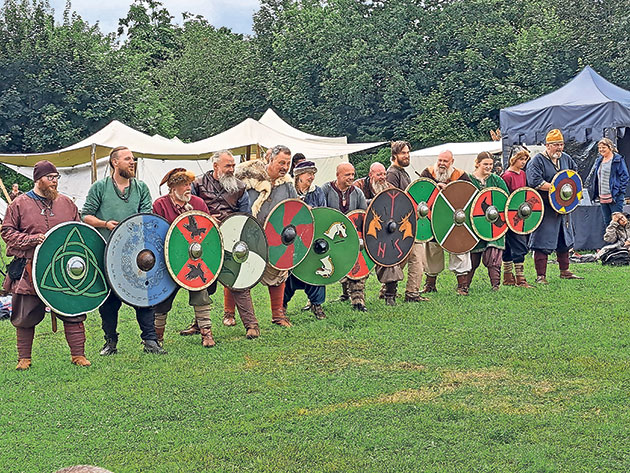 Wikinger-Darsteller präsentieren Schilde auf einer Wiese. Menschen in Wikingerkostümen mit bunten Schilden im Freien.