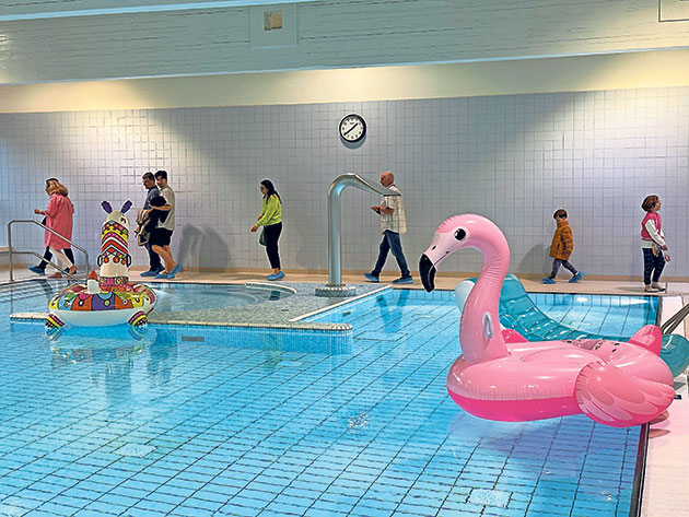 Schwimmhalle mit Flamingo und Zebra Schwimmtieren.