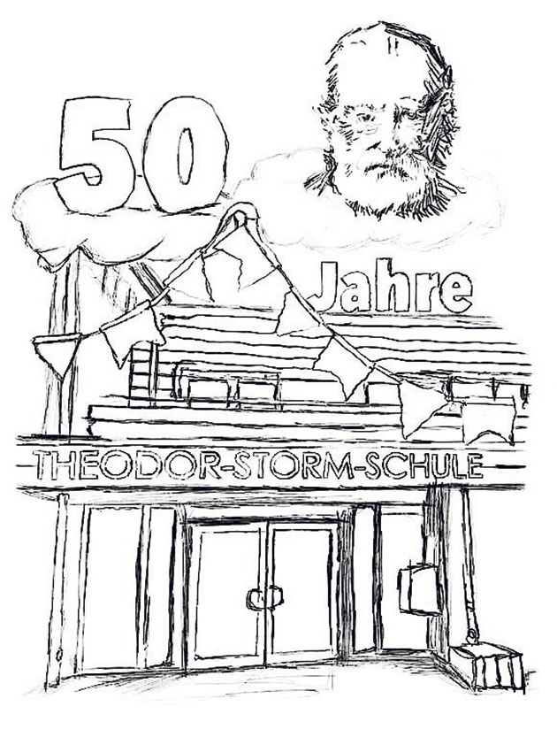 Zeichnung der Theodor-Storm-Schule mit Jubiläumsmotiv