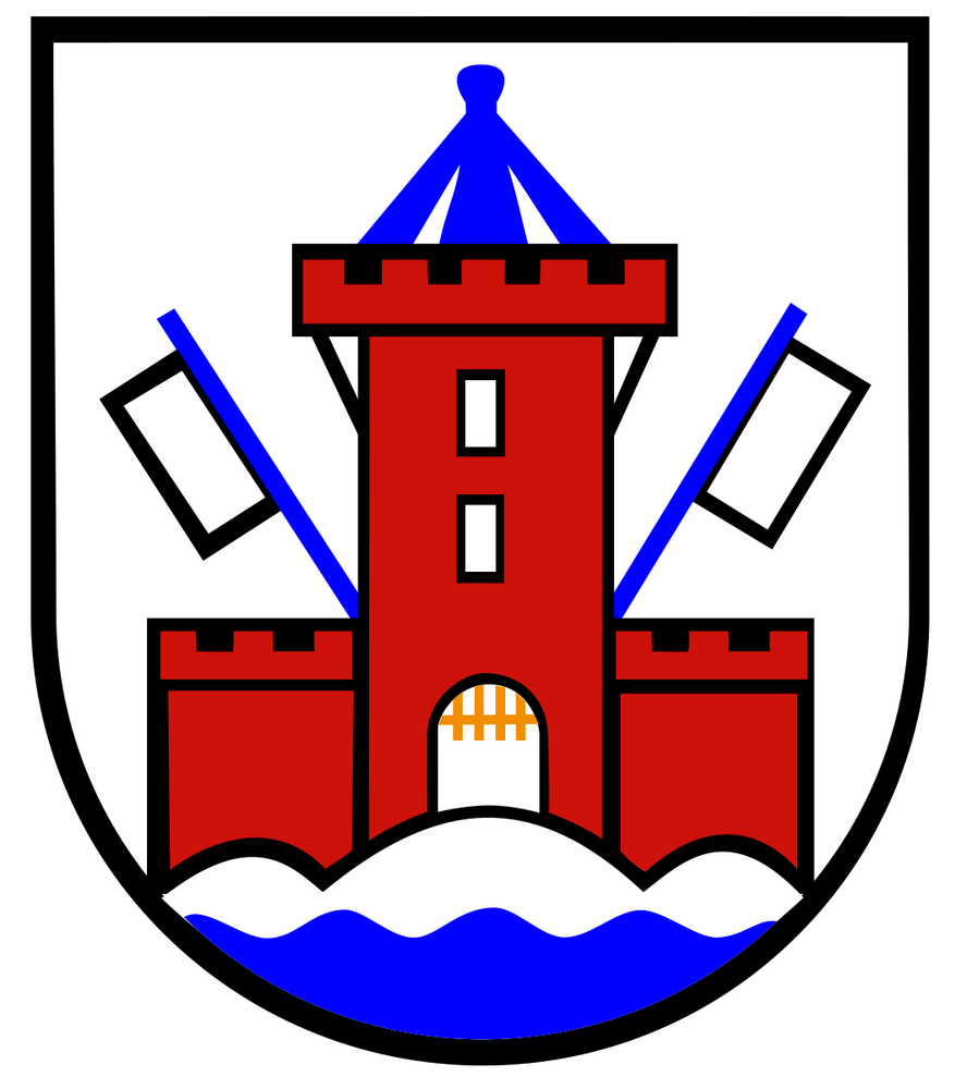 Wappen einer stilisierten Burg Wappen mit roter Burg und blauen Akzenten
