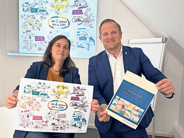 Präsentation der zukünftigen Stadtkonzeption. Zwei Personen halten Pläne zur Stadtentwicklung hoch.