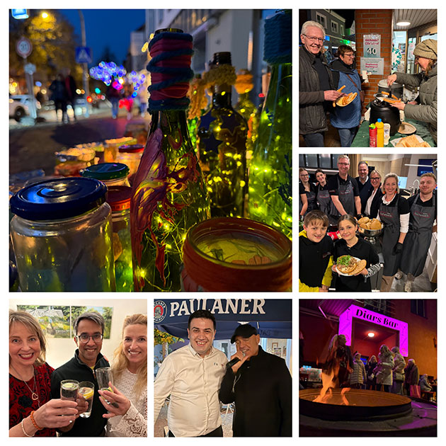 Collage von Flaschen, Menschen bei Events, beleuchtete Straße.