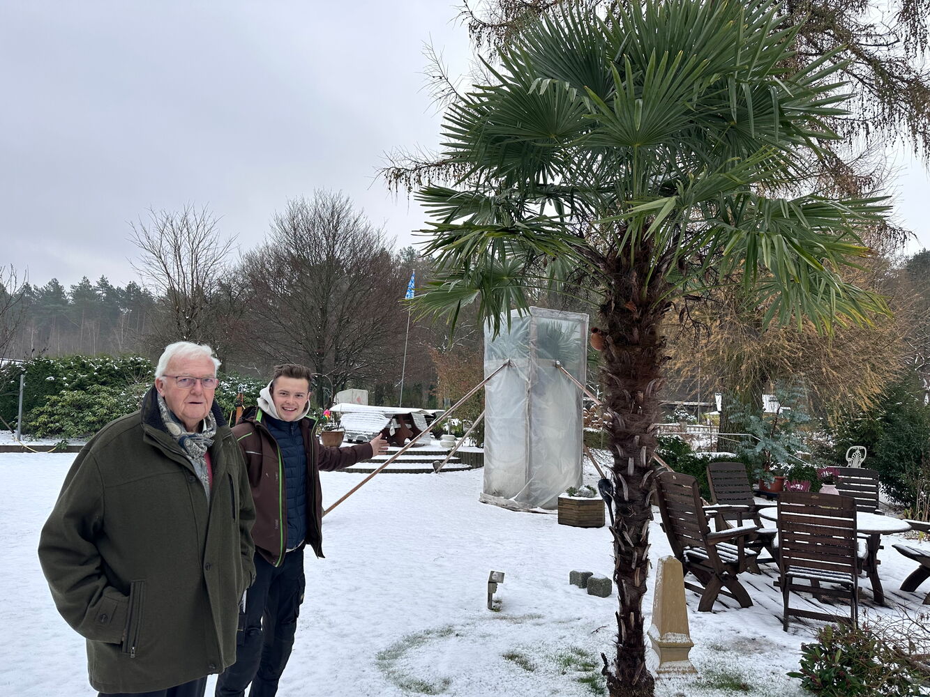 Zwei Männer im Garten, eine Palme im Schnee geschützt.