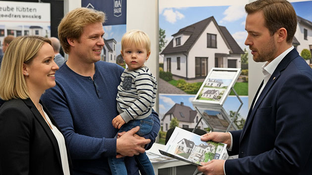 Familie schaut Hausmodelle auf einer Immobilienmesse an.