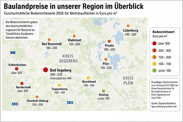 Karte der Baulandpreise 2026 in Schleswig-Holstein, nach Region.